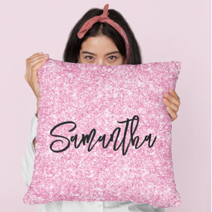 Light Pink Glitter Black Brush Script Throw Pillow