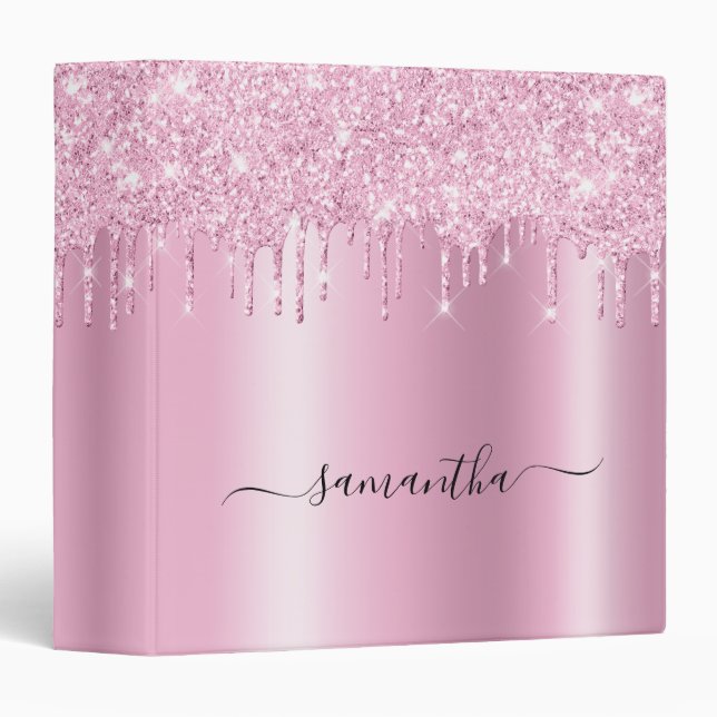 Light Pink Glitter Drips Shimmer Glam Name Binder (Front/Spine)
