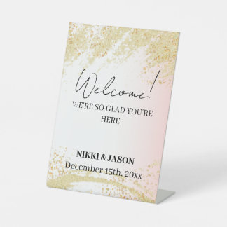Light Pink Glitter Golden Splash Wedding Welcome  Pedestal Sign