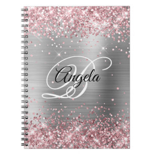Light Pink Glitter Metallic Silver Fancy Monogram Notebook