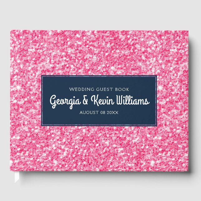 Light Pink Glitter Print Blue Accent Guest Book (Front)
