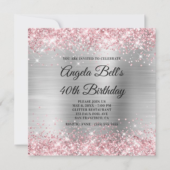 Light Pink Glitter Silver Shimmer Foil Monogram Invitation (Front)