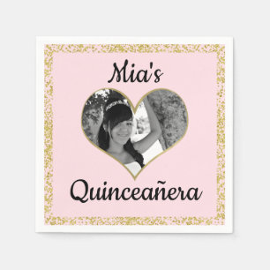 Light Pink & Gold Glitter Heart Photo Personalized Napkin