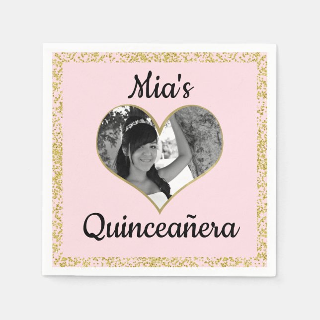 Light Pink & Gold Glitter Heart Photo Personalized Napkin (Front)