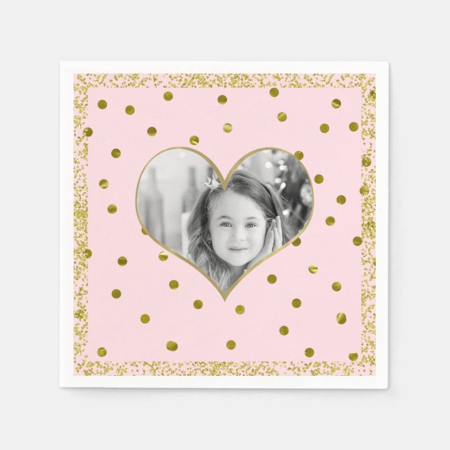 Light Pink Gold Glitter Heart Photo Personalized Napkin (Front)