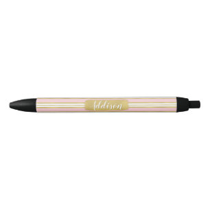 Light Pink Gold Stripe Pattern Custom Name Black Ink Pen