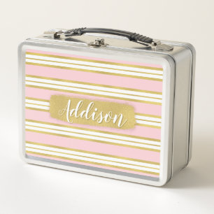 Light Pink Gold Stripe Pattern Custom Name Metal Lunch Box