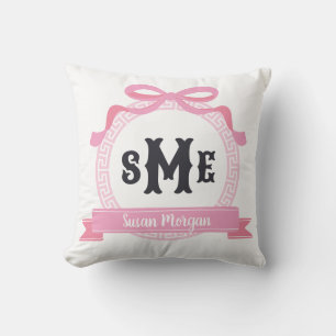Light Pink Greek Key Bow Monogram Throw Pillow