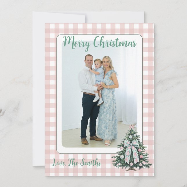Light Pink & Green Gingham Grandmillenial Photo Holiday Card (Front)