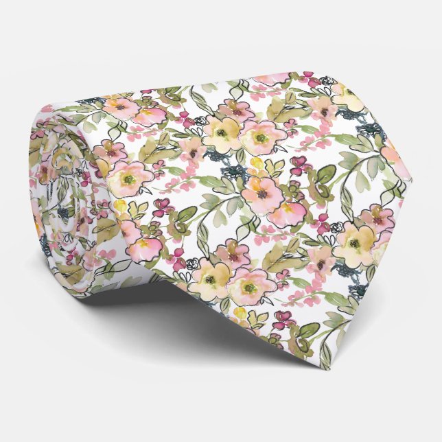 Light pink green yellow water color flowers tie (Rolled)