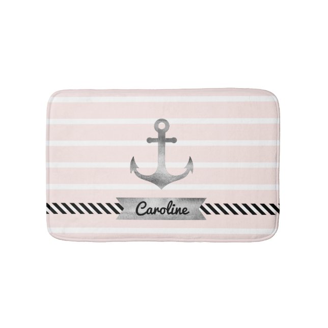Light Pink Grey Anchor Personalized Bath Mat (Front)