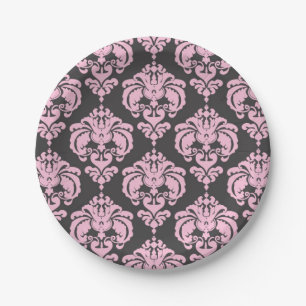 Light Pink & Grey Damask Chic Elegant Party Paper Plate