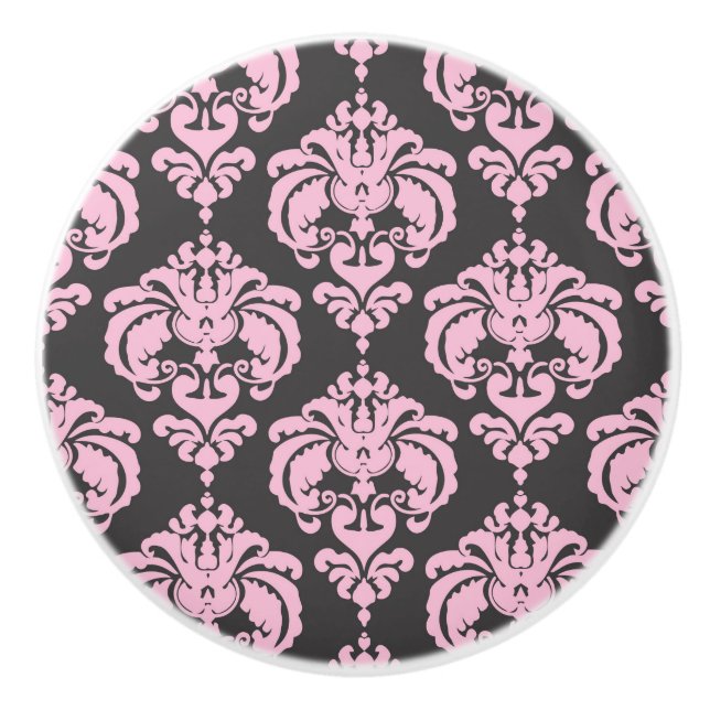 Light Pink & Grey Damask Elegant Chic Bedroom Ceramic Knob (Front)