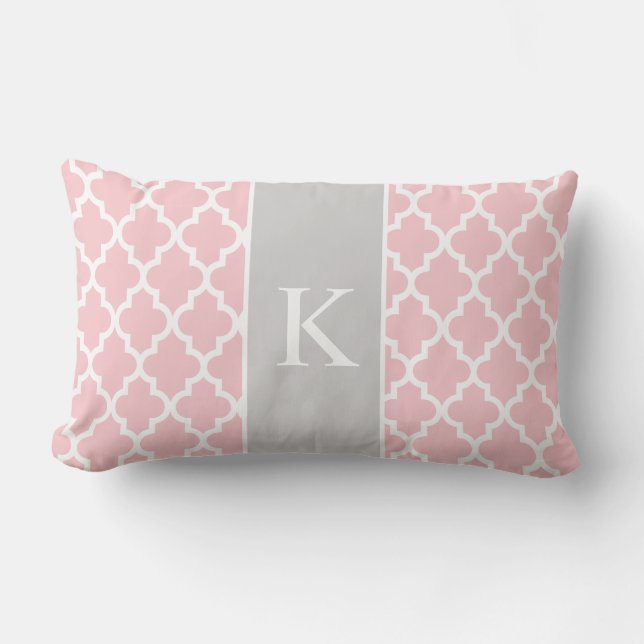 Light Pink Grey Moroccan Custom Monogram Lumbar Pillow (Front)
