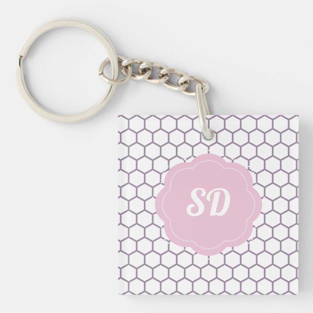 Light Pink Honeycomb Custom Monogram Keychain (Front)
