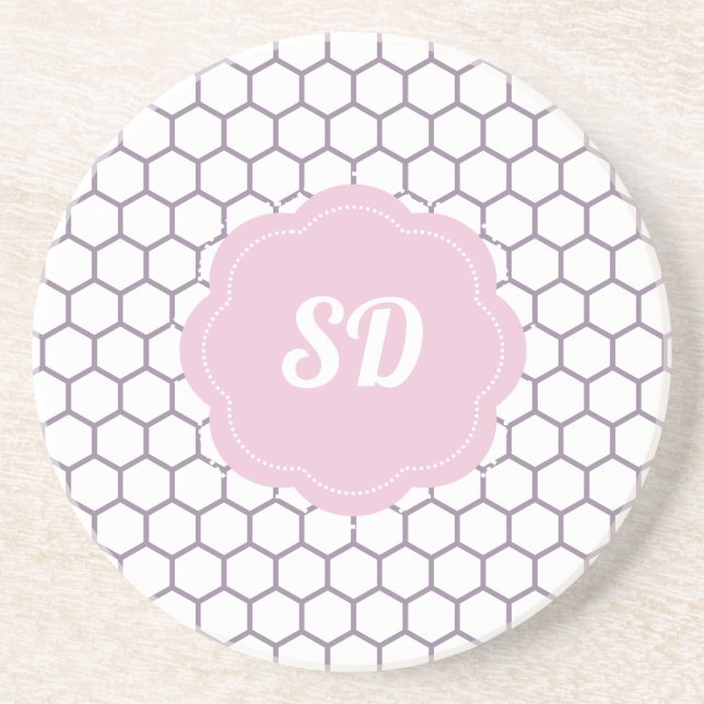 Light Pink Honeycomb Hexagon Custom Monogram Coaster (Front)