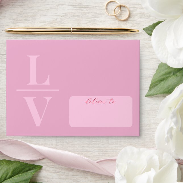 Light pink initials and bright red wedding envelope (Wedding)