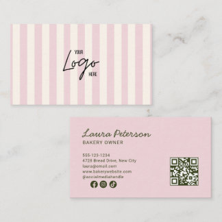 Light Pink & Ivory Stripes Bakery Logo QR Code Business Card
