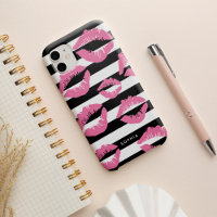 Light Pink Lip Print Kisses Black & White Stripe