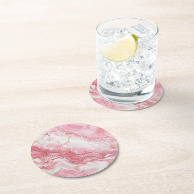 Light Pink Marble Pattern Round Paper Coaster (Insitu)
