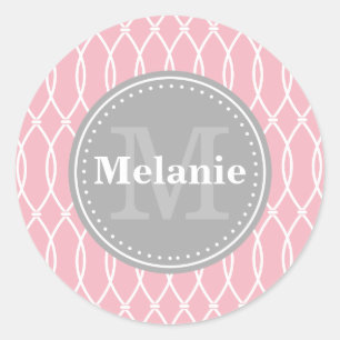 Light Pink Modern Lattice Pattern Grey Monogram Classic Round Sticker