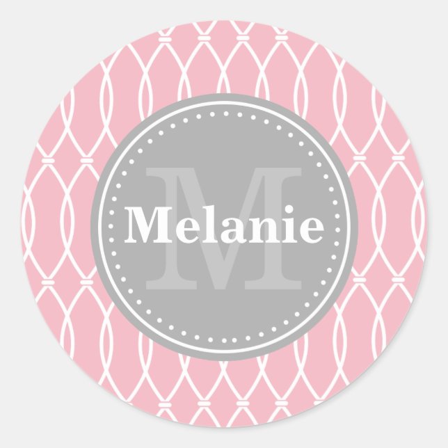 Light Pink Modern Lattice Pattern Grey Monogram Classic Round Sticker (Front)