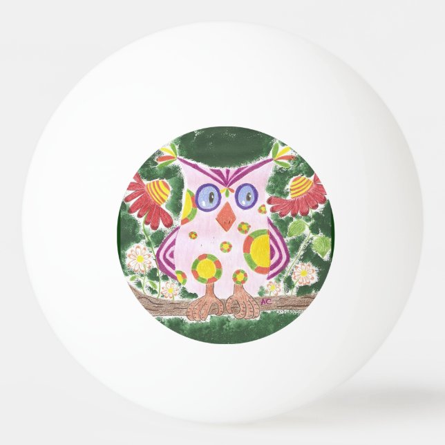 Light pink owl w/green background ping pong ball (Front)