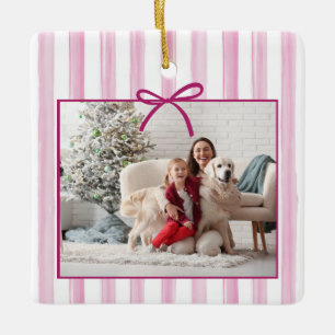 Light Pink Painted Stripes Merry Christmas Photo Ceramic Ornament
