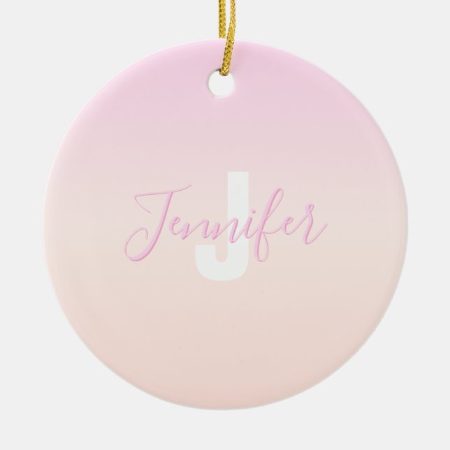 Light Pink & Peach Gradient Ombre Name & Monogram  Ceramic Ornament (Front)