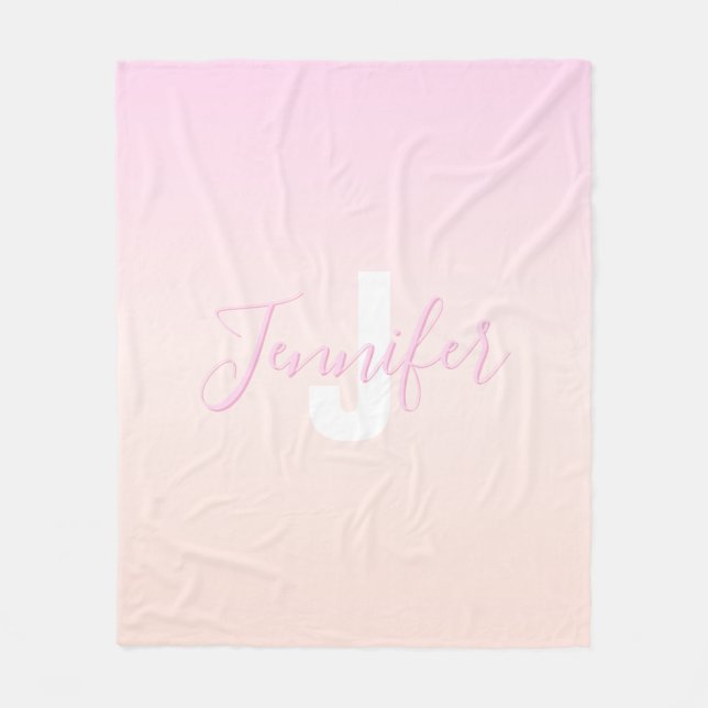 Light Pink & Peach Gradient Ombre Name & Monogram  Fleece Blanket (Front)