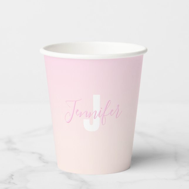 Light Pink & Peach Gradient Ombre Name & Monogram  Paper Cups (Front)