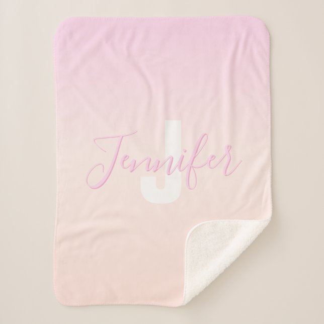Light Pink & Peach Gradient Ombre Name & Monogram  Sherpa Blanket (Front)