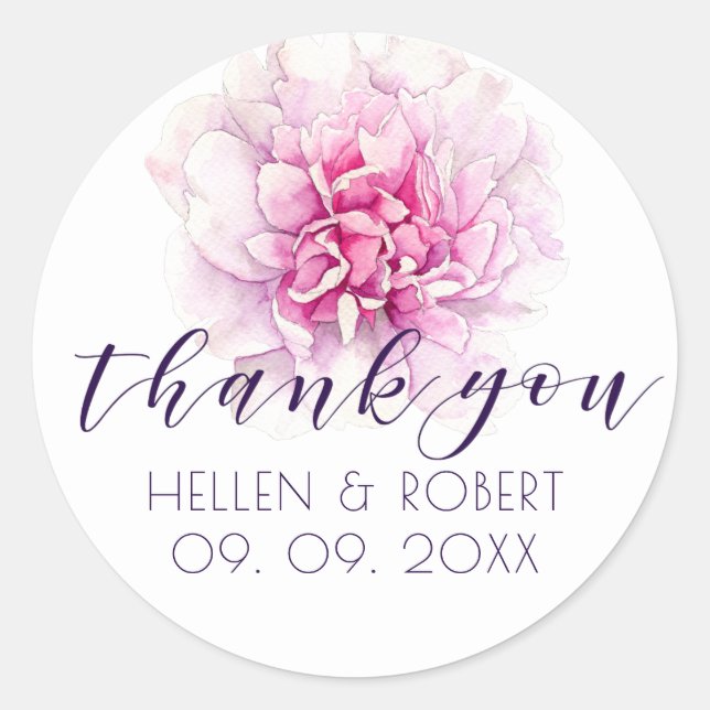 Light pink peony & thank you typography classic round sticker (Front)