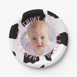 Light Pink Photo Cow Print Cute Birthday Paper Plate