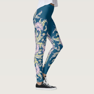 Light pink Poppies on Dark Blue, Botanical, Floral Leggings