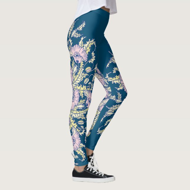Light pink Poppies on Dark Blue, Botanical, Floral Leggings (Right)