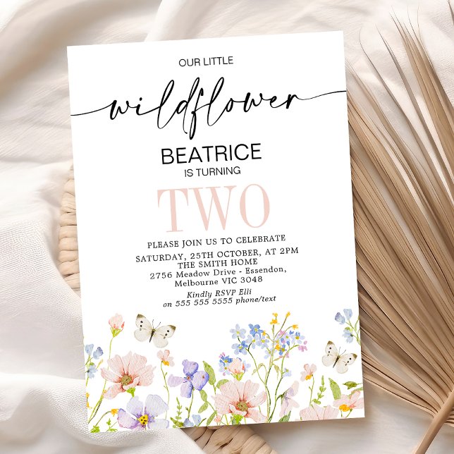 Light Pink Purple Delicate Wildflower Birthday Invitation (Editable Little Wildflower Birthday Invitation, Floral Birthday Invitation Girl Template Butterfly)