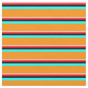 Light Pink, Red, Black, Cyan & Dark Orange Lines Fabric