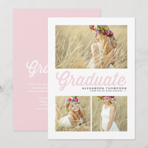 Light Pink Retro Script Three Photo Graduation Invitation