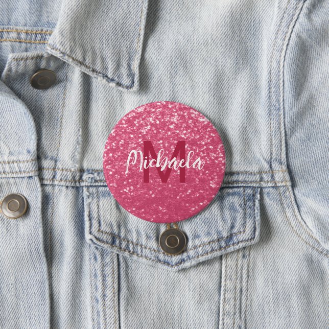 Light pink rose faux sparkles glitter Monogram 3 Inch Round Button (In Situ)