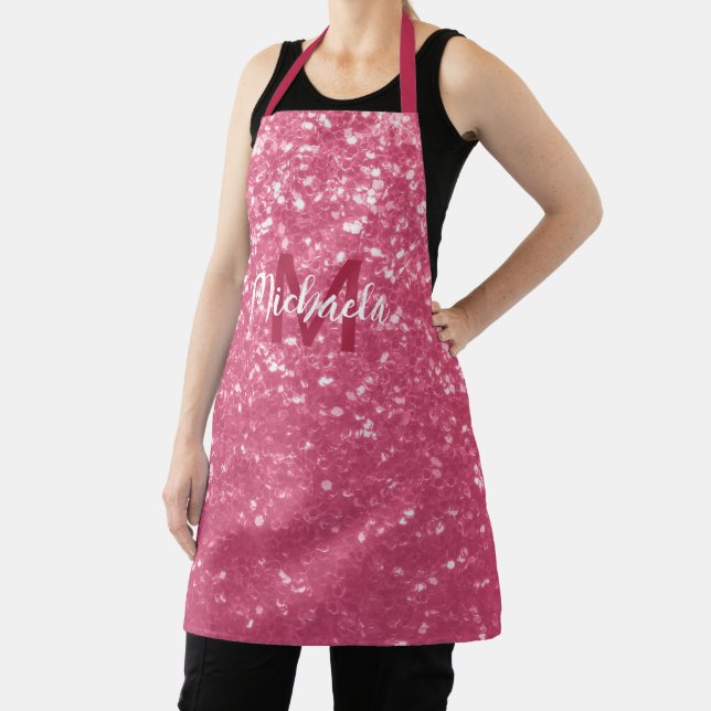 Light pink rose faux sparkles glitter Monogram Apron (Insitu)