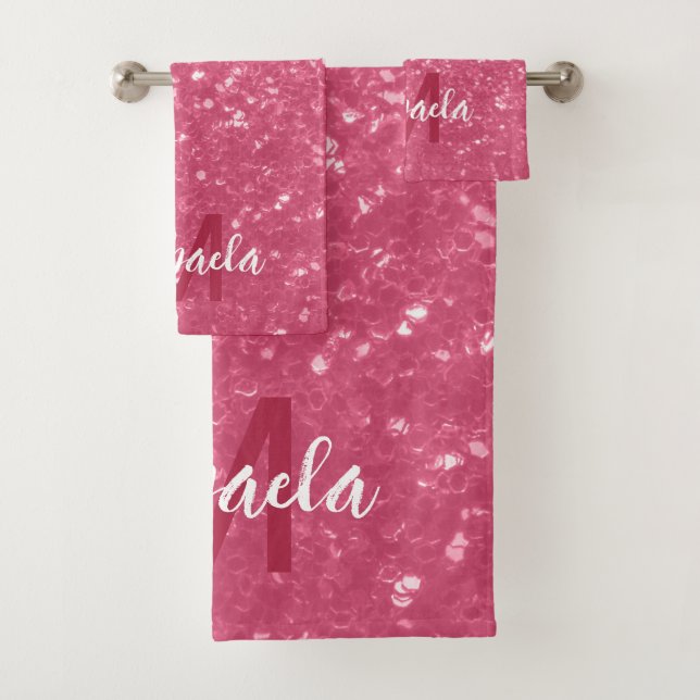 Light pink rose faux sparkles glitter Monogram Bath Towel Set (Insitu)