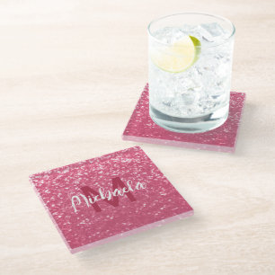 Light pink rose faux sparkles glitter Monogram Glass Coaster