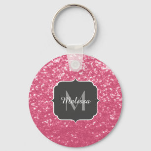 Light pink rose faux sparkles glitter Monogram Keychain
