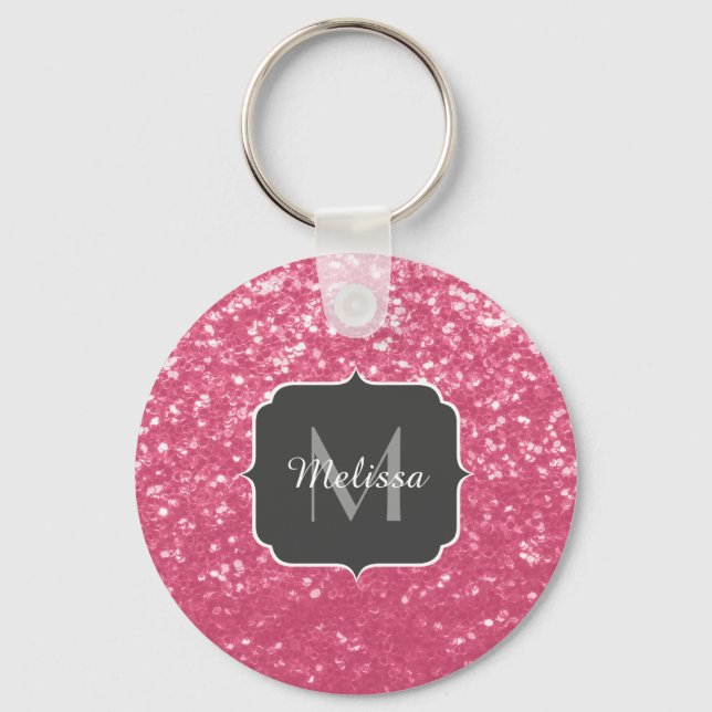 Light pink rose faux sparkles glitter Monogram Keychain (Front)