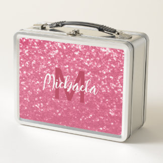 Light pink rose faux sparkles glitter Monogram Metal Lunch Box