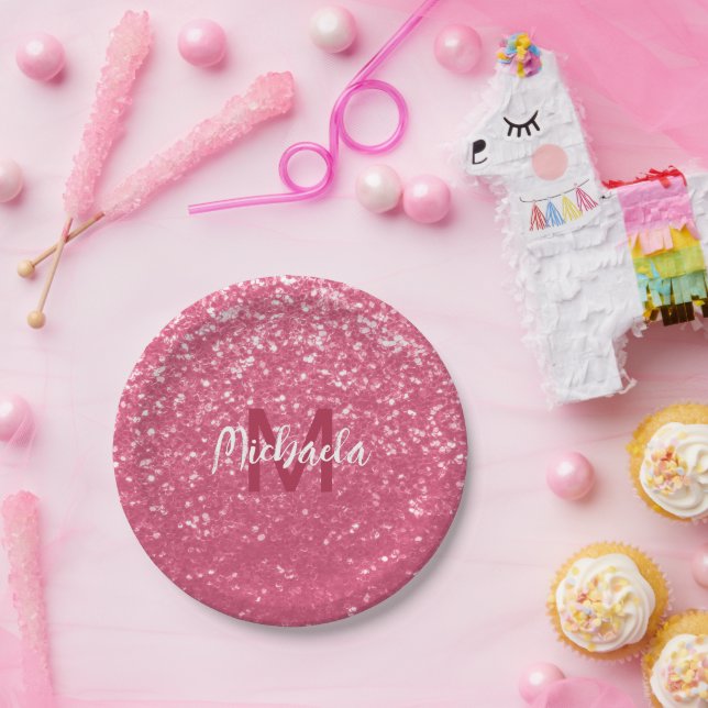 Light pink rose faux sparkles glitter Monogram Paper Plate (Party)