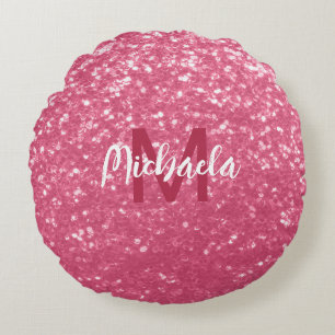 Light pink rose faux sparkles glitter Monogram Round Pillow