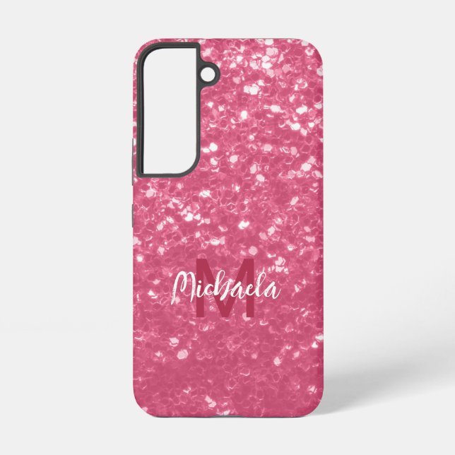 Light pink rose faux sparkles glitter Monogram Samsung Galaxy S22 Case (Back)