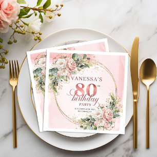 Light Pink Rose Gold Floral 80th Birthday Napkins